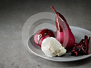 Pears poached in red wine