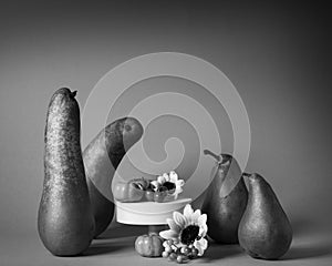 Pears represent people celebrating Thanksgiving. Concept Thanksgiving