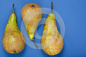 Pears in a row on a blue background