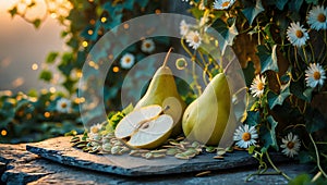 Juicy Pears and Pumpkin Seeds on Rustic Slate with Blooming Daisies photo