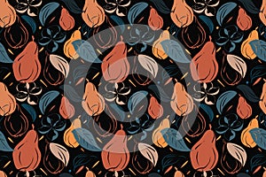 Pears vector seamless pattern, autumn concept, sketch hand drawn design, flower, leaves in orange, blue, tidewater