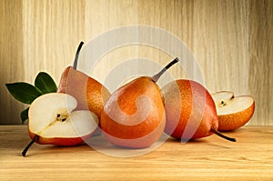 Pears on wood background