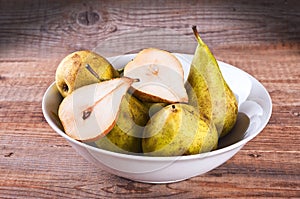 Pears on wooden table.