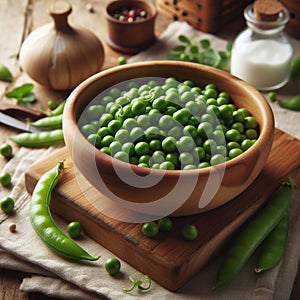 Peas grains in a bowl on a wooden table 1