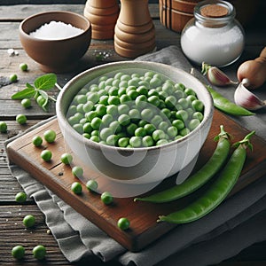 Peas grains in a bowl on a wooden table 2