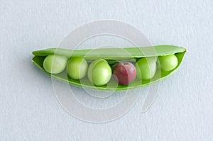 Peas in pod with miniature apple standing out