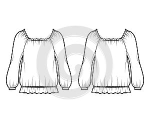 Peasant blouse technical fashion illustration with bouffant long sleeves, gathered wide scoop and hem, oversized.