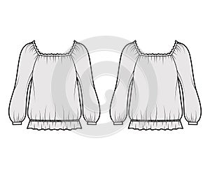 Peasant blouse technical fashion illustration with bouffant long sleeves, gathered wide scoop and hem, oversized.