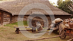 Peasant countryman stuff beside his wooden house.