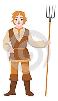 Peasant man with pitchfork. Ancient farmer. Medieval character