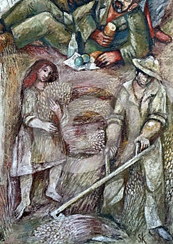 Peasants in harvest fresco by Sieger Koder on the wall of the pilgrimage house of St. James in Hohenberg, Germany