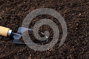 Peat soil on a shovel close-up with space for text. Copy space. Garden tools on the background of the texture of fertile soil, top