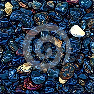 Pebble background with blue pebbles from the sea beach. Digital illustration in abstract style.