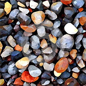 Pebble background with round colorful pebbles from the sea beach. Digital illustration in painting style.