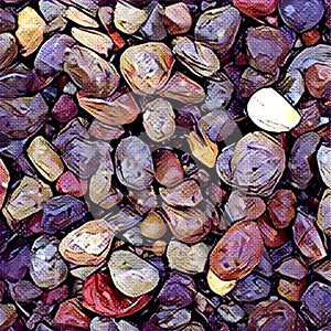 Pebble background with round seaside pebbles from the sea beach. Digital illustration in autumn color palette.
