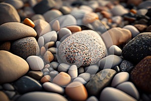 Pebble beach background. Smooth round wet pebbles texture background. Pebble sea beach close-up. Generative AI