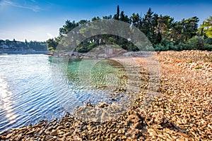 Pebble beach on Brac island with pine trees and turquoise clear ocean water, Supetar, Brac, Croatia photo