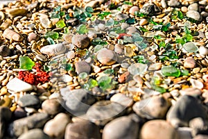 Pebble Beach. Seashells and ocean rocks. Marine background.