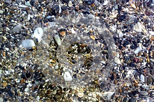 Pebble beach. Small pebbles in the clear sea under water.