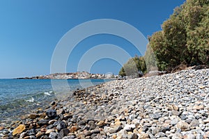 Pebble beach with turquoise lagoon near Paleochora town on Crete island, Greece