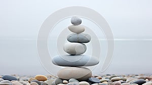 Pebble cairn, stack of smooth pebbles on the seaside. Stone stack on the beach near a calm misty ocean. Generative AI