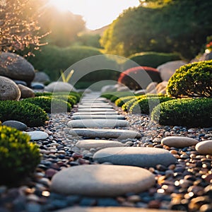 Pebble path in a Zen garden. Generative AI