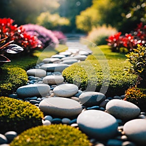 Pebble path in a Zen garden. Generative AI