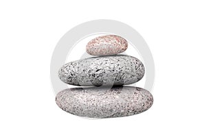 Pebble pile on white background isolated close up, stack of balanced zen stones, smooth sea pebbles pyramid, cobblestones tower