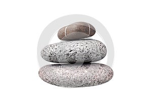 Pebble pile on white background isolated close up, stack of balanced zen stones, smooth sea pebbles pyramid, cobblestones tower