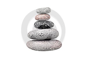 Pebble pile on white background isolated close up, stack of balanced zen stones, smooth sea pebbles pyramid, cobblestones tower