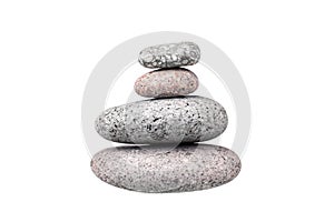 Pebble pile on white background isolated close up, stack of balanced zen stones, smooth sea pebbles pyramid, cobblestones tower