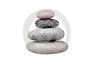 Pebble pile on white background isolated close up, stack of balanced zen stones, smooth sea pebbles pyramid, cobblestones tower