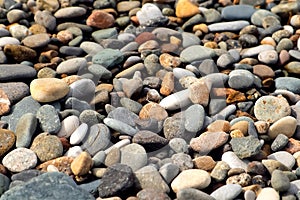 Pebble sea beach with stones of different colors shimmer in sunny weather.