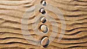 Pebble stones lie on the sand in definite order. Zen meditation. Generative AI