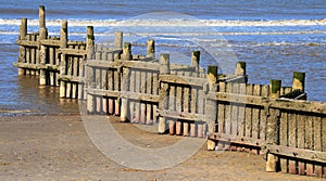 Pebbles, beach, Norfolk, sea defences, zigzag wooden