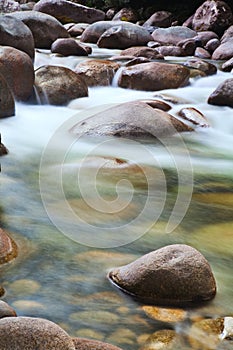 Pebbles in creek flowing water