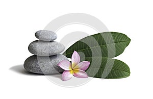 Pebbles and frangipani flowers isolated on white