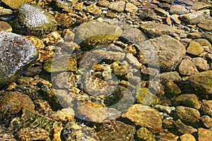 Pebbles and rocks in a shallow stream with ripples reflecting sunlight in the water