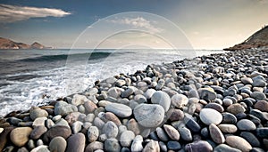 Pebbles on the shore of the sea. Gray smooth stones on the beach