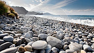 Pebbles on the shore of the sea. Gray smooth stones on the beach