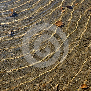 Small rocks are visible beneath clear shallow water creating a