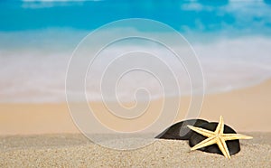 Pebbles and starfish on sand