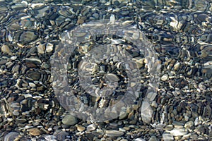 Pebbles under water on the sea.