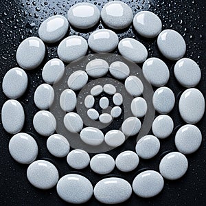 The pebbles vary in size creating an intricate concentric design