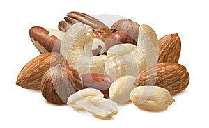 Pecan, cashew, peanut, almond, hazelnut and brazil nuts isolated on white background. Healthy snack