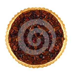 Pecan and cranberry autumn pie isolated on white