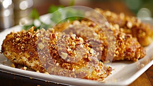 Pecan-crusted chicken breasts on a white serving platter