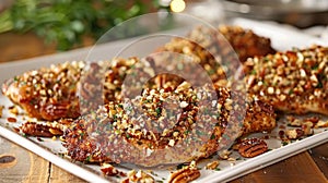 Pecan-crusted chicken breasts on a white serving platter