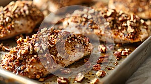 Pecan-crusted chicken breasts on a white serving platter