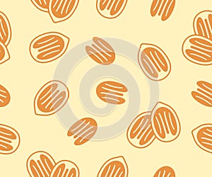 Pecan nut, nutty, plant, food and meal, seamless vector background, pattern